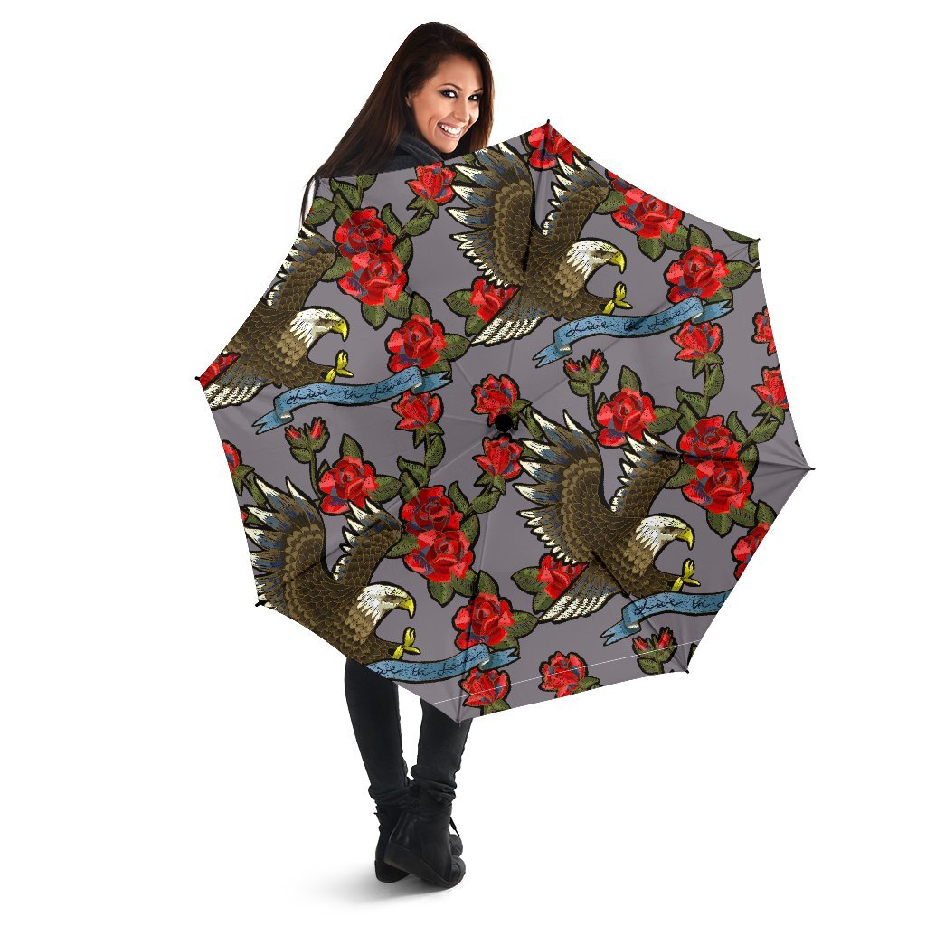 Eagle Rose Pattern Print Automatic Foldable Umbrella-grizzshop