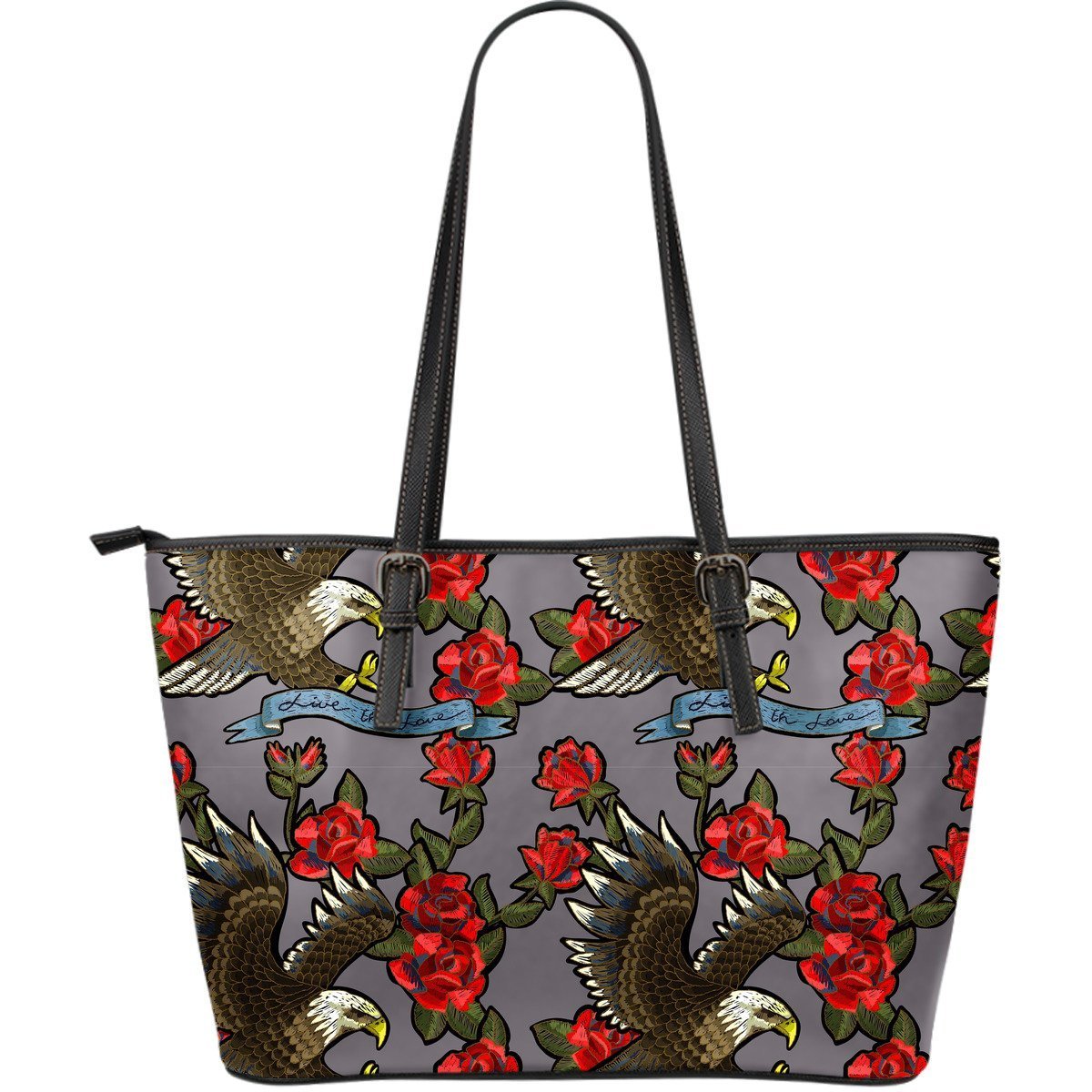 Eagle Rose Pattern Print Leather Tote Bag-grizzshop