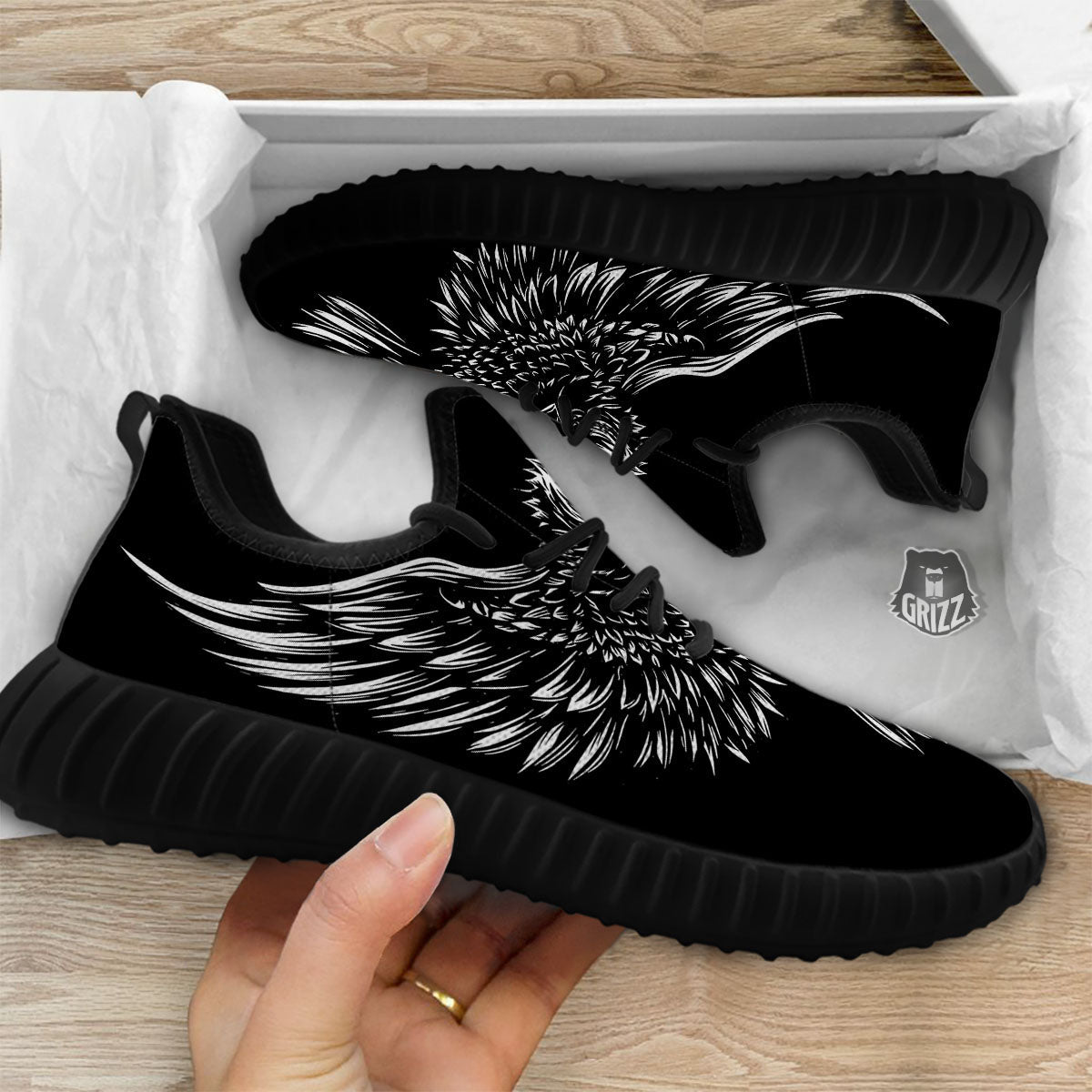 Eagle White And Black Print Black Walking Shoes-grizzshop