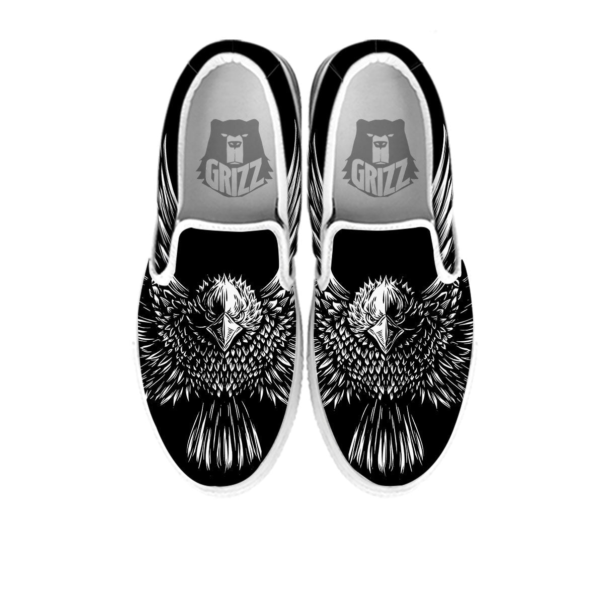 Eagle White And Black Print White Slip On Shoes-grizzshop