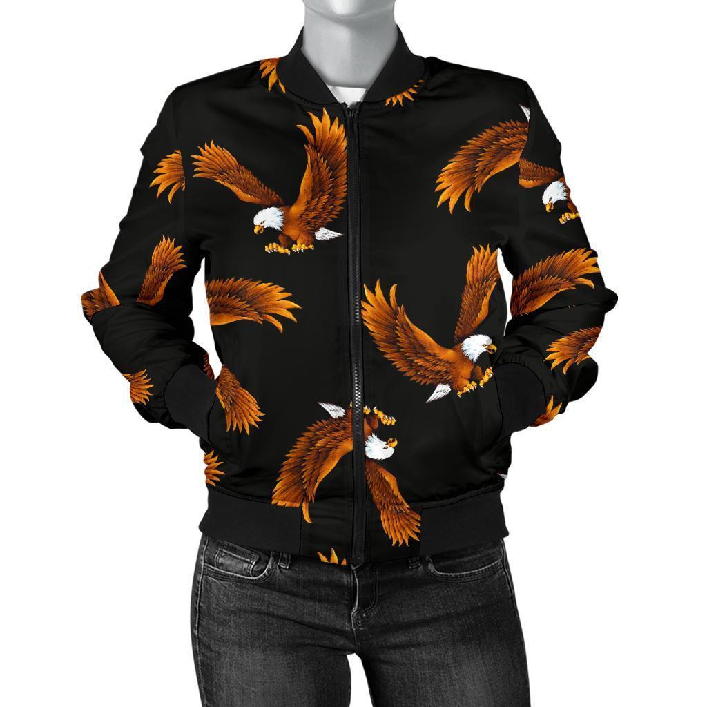 Eagle Black Pattern Print Women Casual Bomber Jacket-grizzshop
