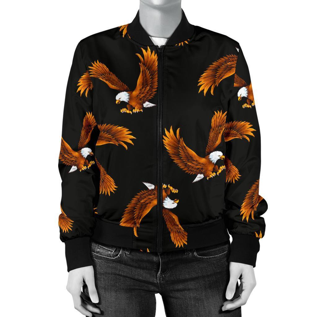 Eagle Black Pattern Print Women Casual Bomber Jacket-grizzshop