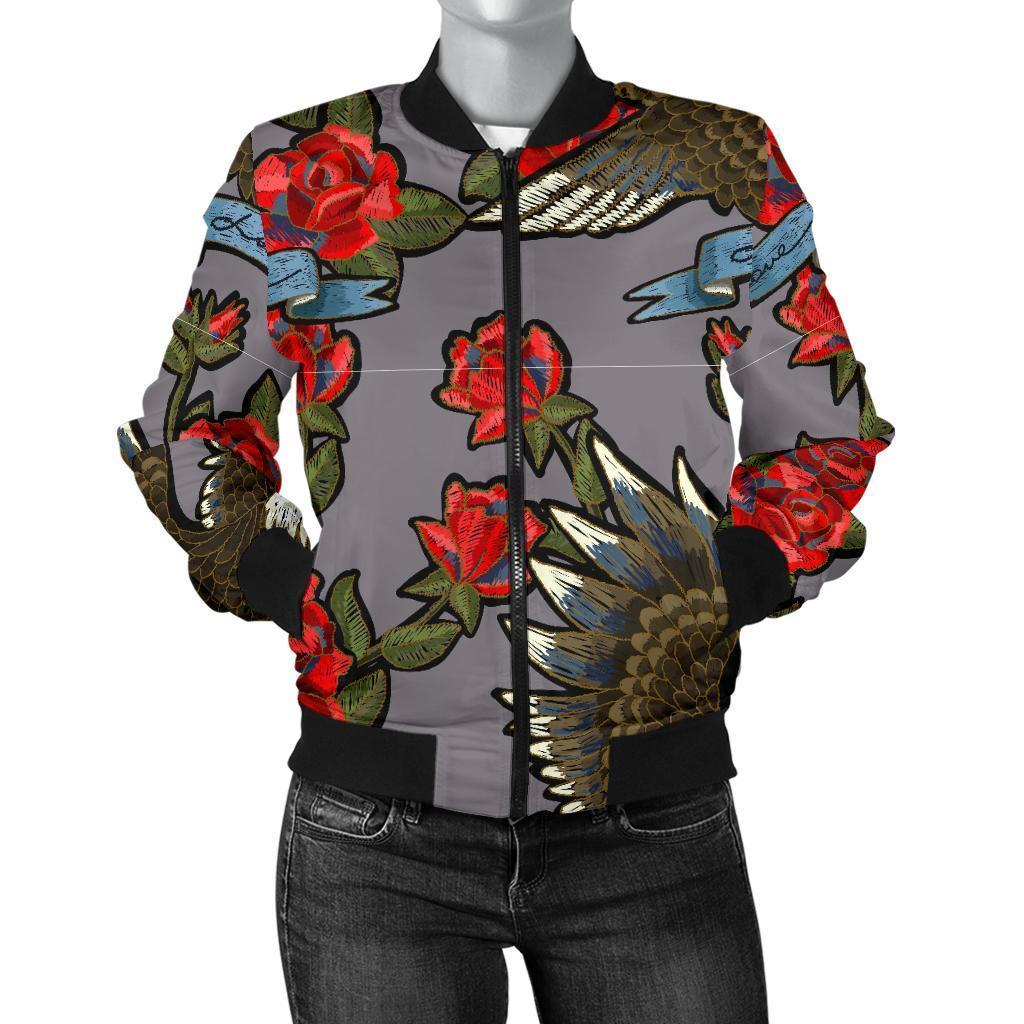 Eagle Rose Pattern Print Women Casual Bomber Jacket-grizzshop
