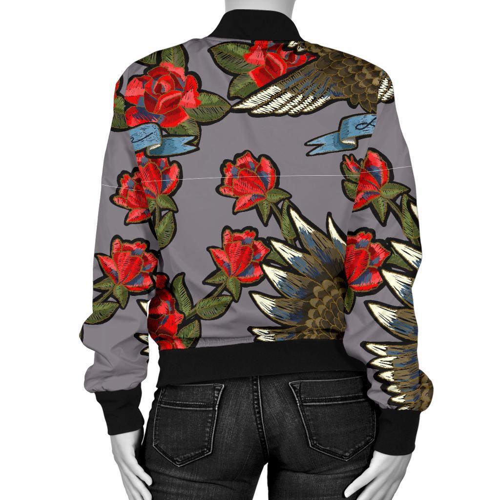 Eagle Rose Pattern Print Women Casual Bomber Jacket-grizzshop