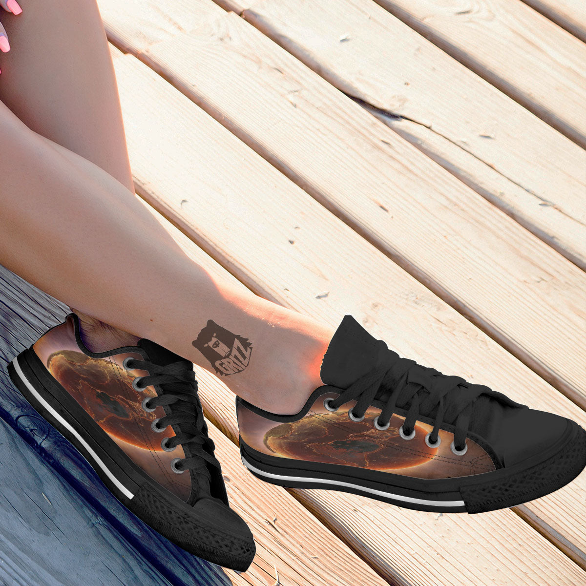 Earth Burning Print Black Low Top Shoes-grizzshop
