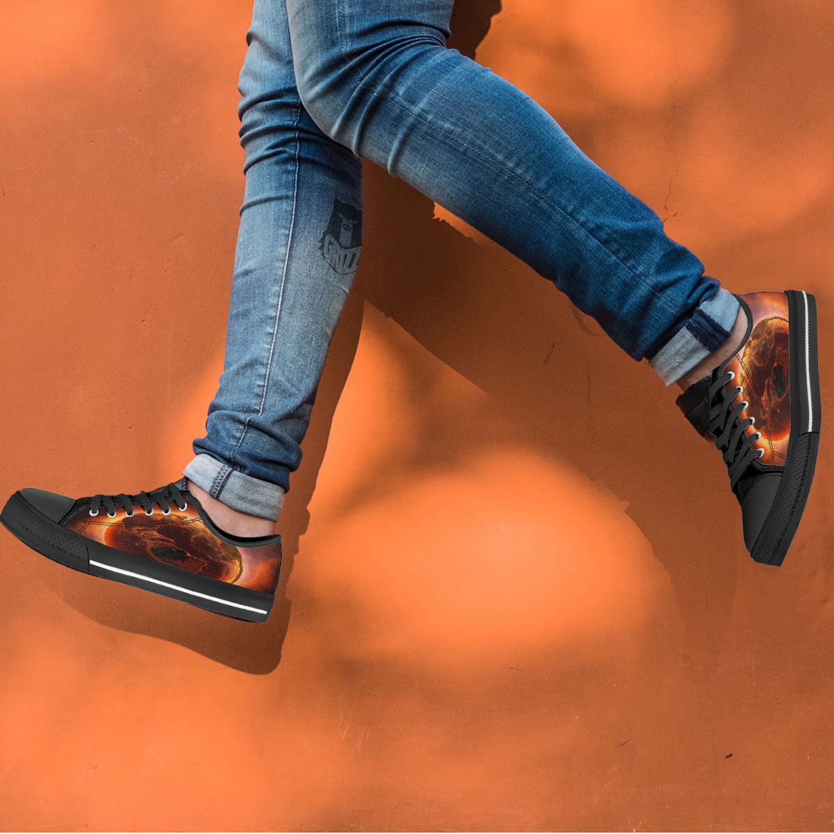 Earth Burning Print Black Low Top Shoes-grizzshop