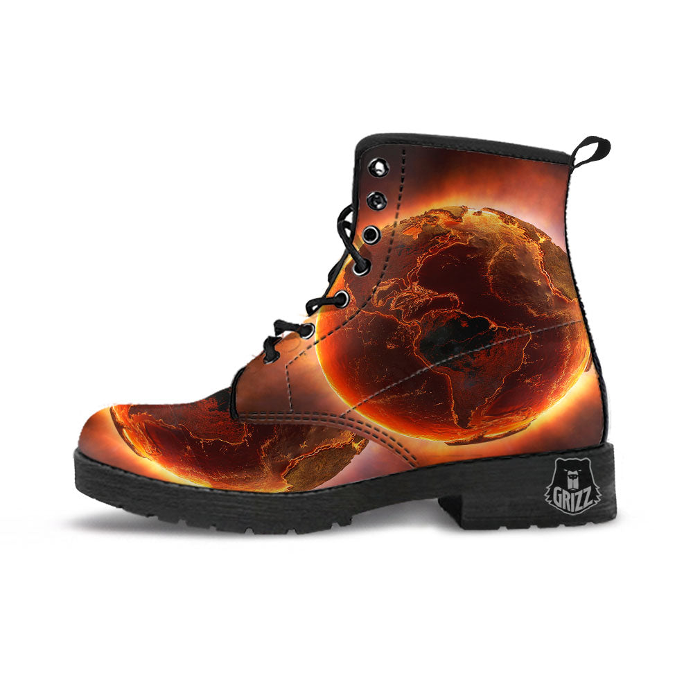 Earth Burning Print Leather Boots-grizzshop