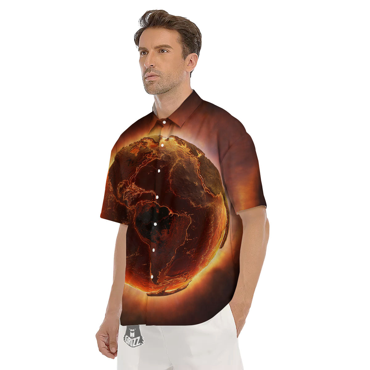 Earth Burning Print Men's Short Sleeve Shirts-grizzshop