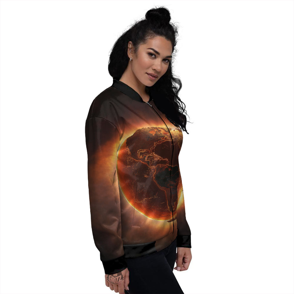 Earth Burning Print Women's Bomber Jacket-grizzshop