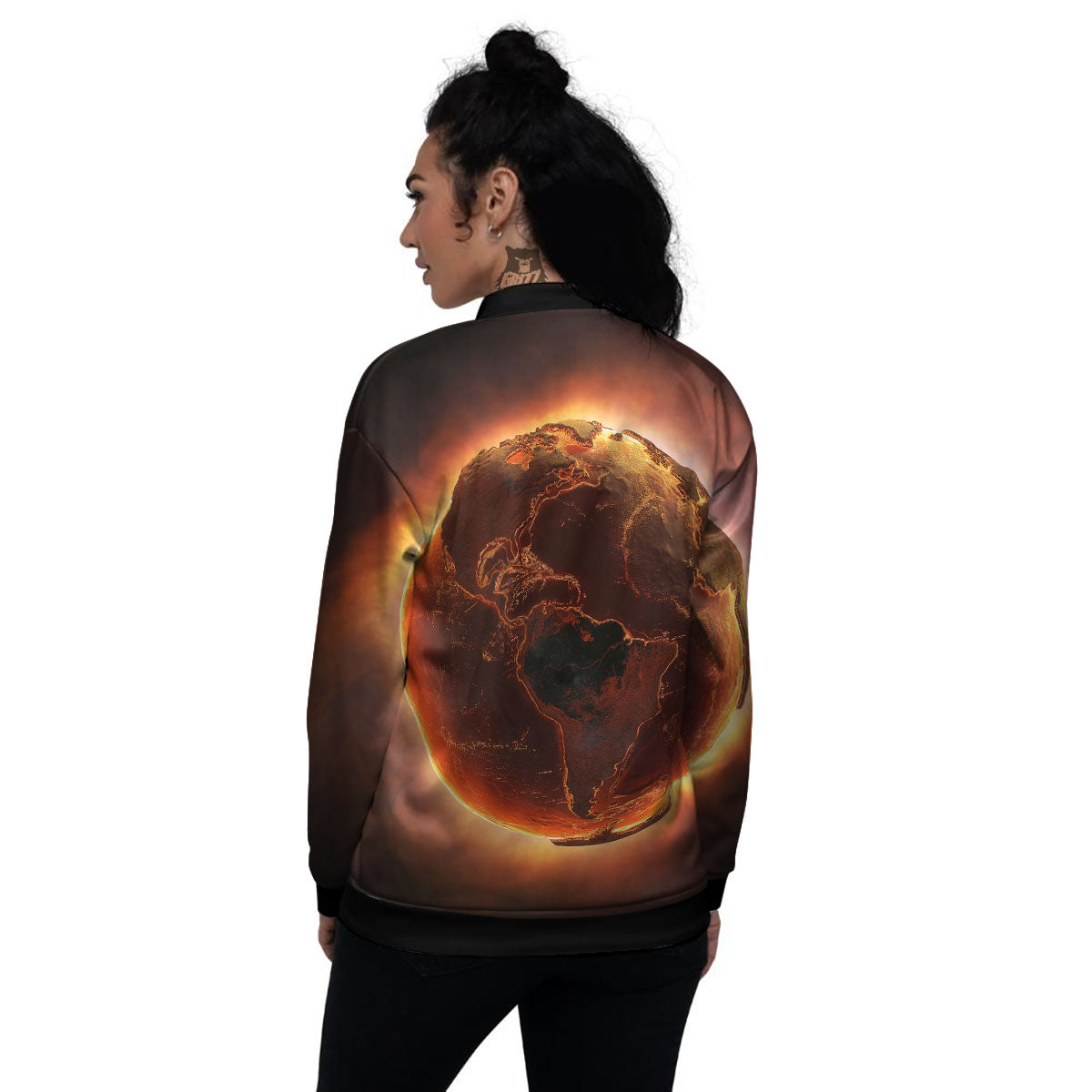 Earth Burning Print Women's Bomber Jacket-grizzshop