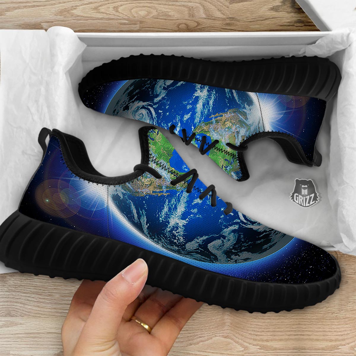 Earth Sunrise Print Black Walking Shoes-grizzshop