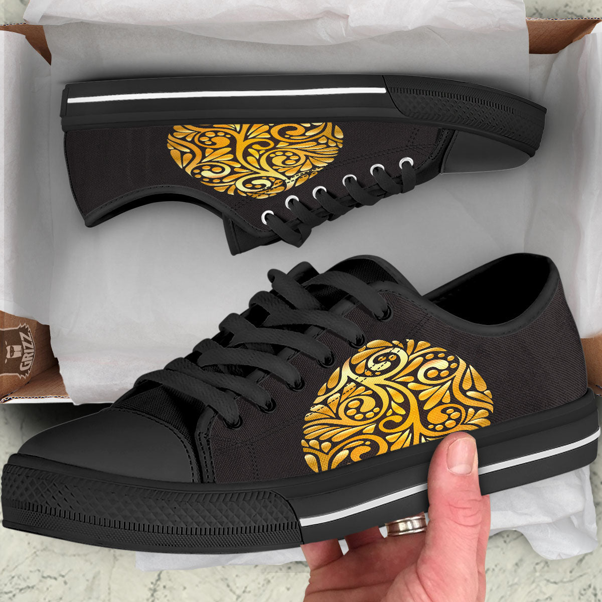 Easter Egg Gold Print Black Low Top Shoes-grizzshop