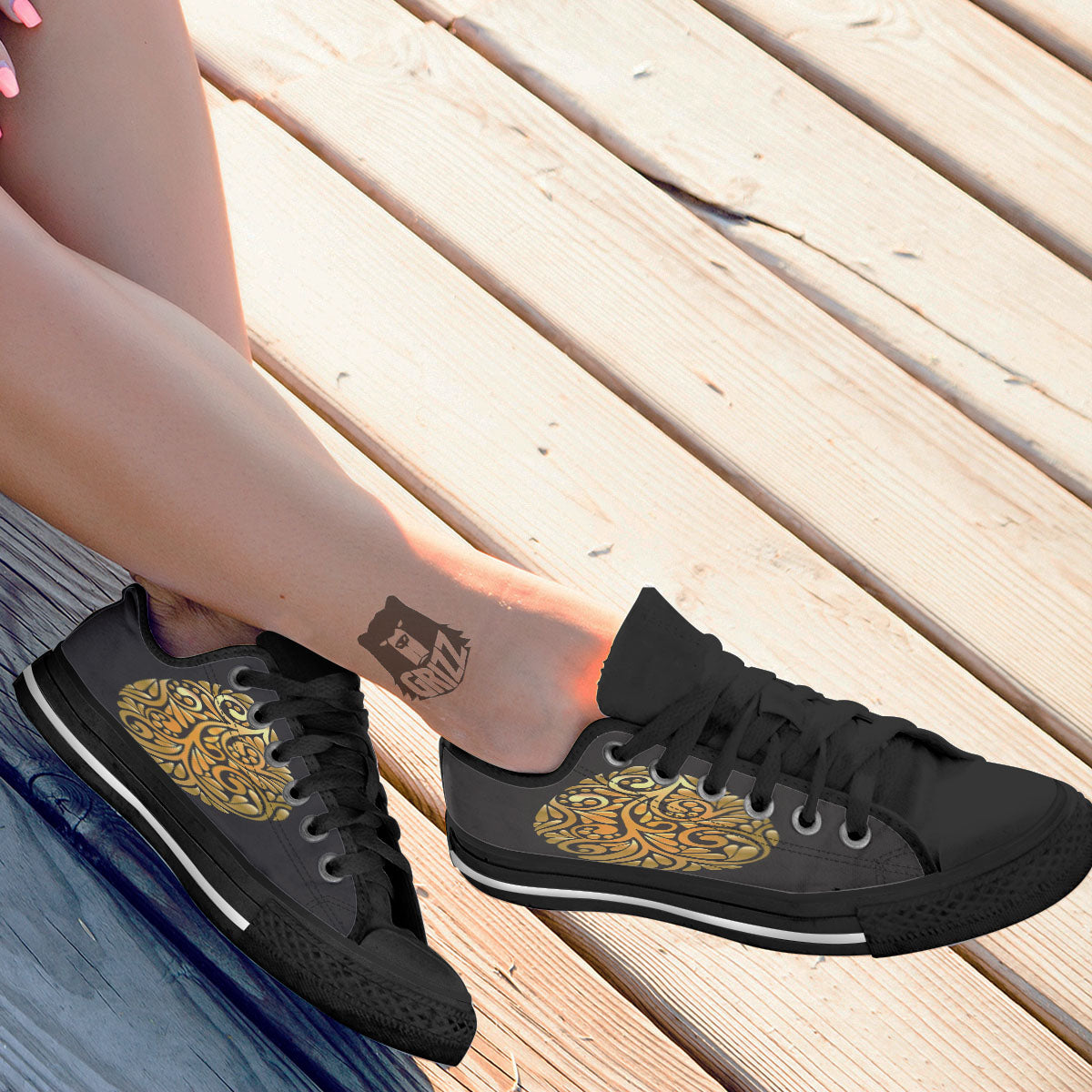 Easter Egg Gold Print Black Low Top Shoes-grizzshop
