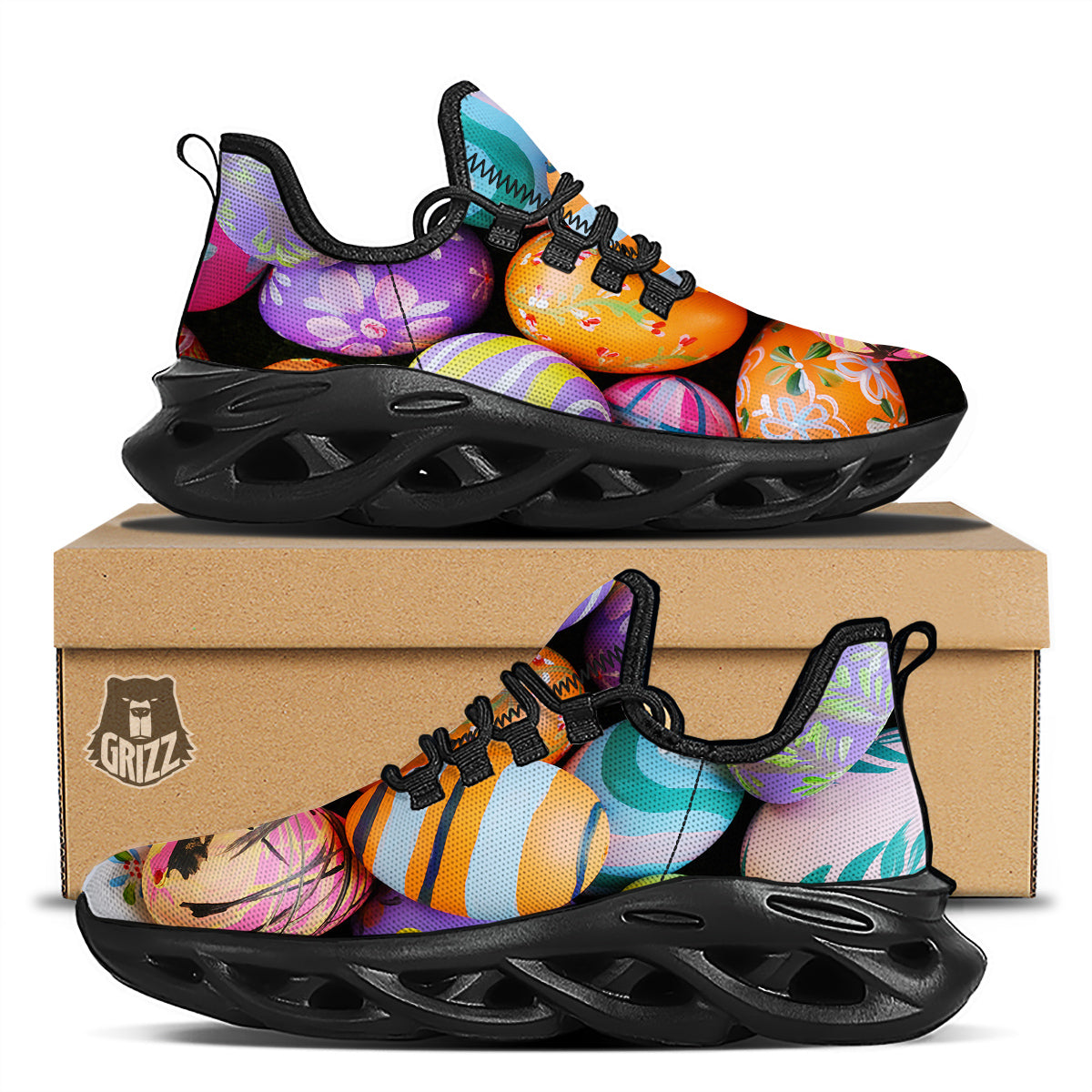 Easter Eggs Colorful Print Black Running Shoes-grizzshop