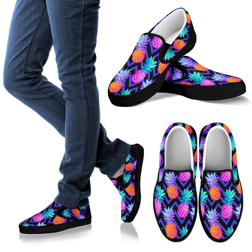 Edm Black Pineapple Print Women Canvas Slip On Shoes-grizzshop