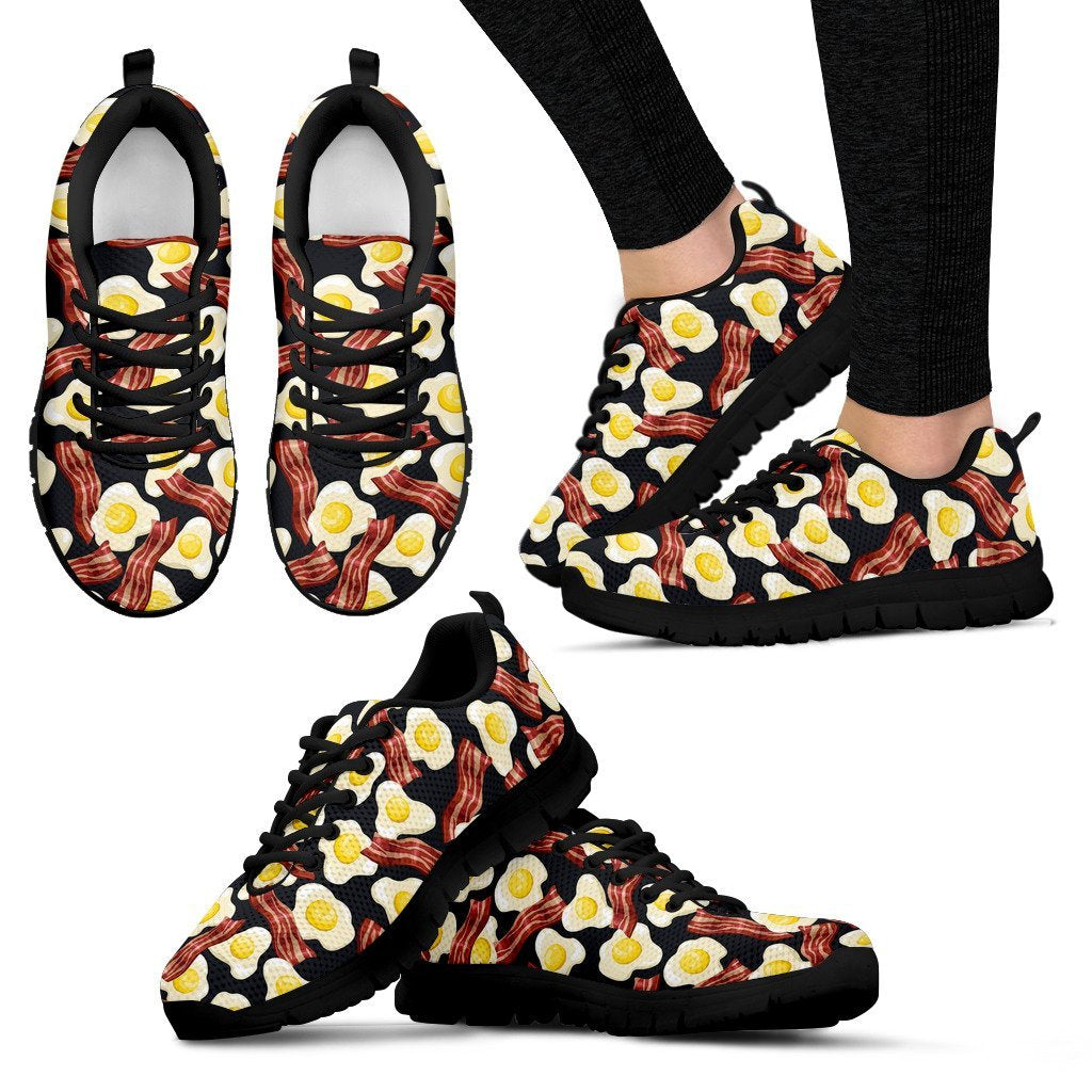 Egg Bacon Pattern Print Black Sneaker Shoes For Men Women-grizzshop