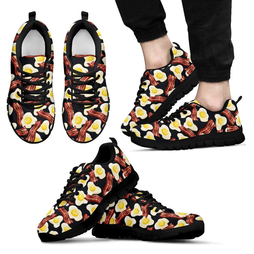 Egg Bacon Pattern Print Black Sneaker Shoes For Men Women-grizzshop