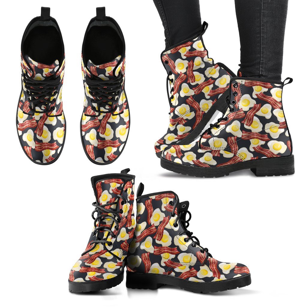 Egg Bacon Pattern Print Men Women Leather Boots-grizzshop