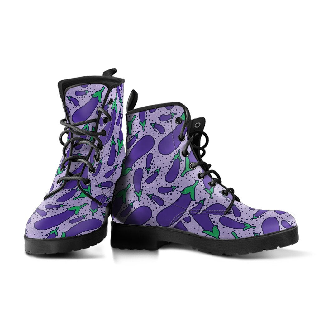 Eggplant Cute Print Pattern Men Women Leather Boots-grizzshop
