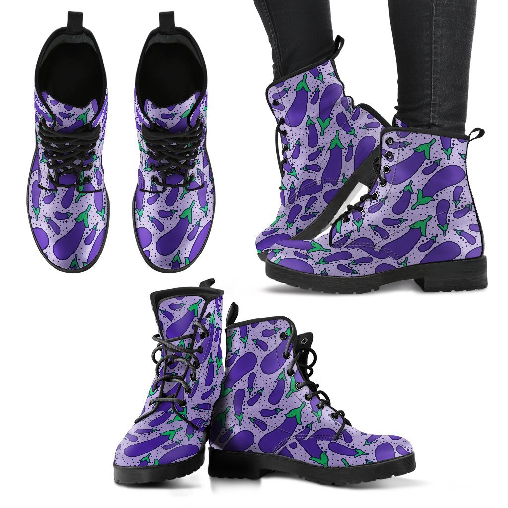 Eggplant Cute Print Pattern Men Women Leather Boots-grizzshop