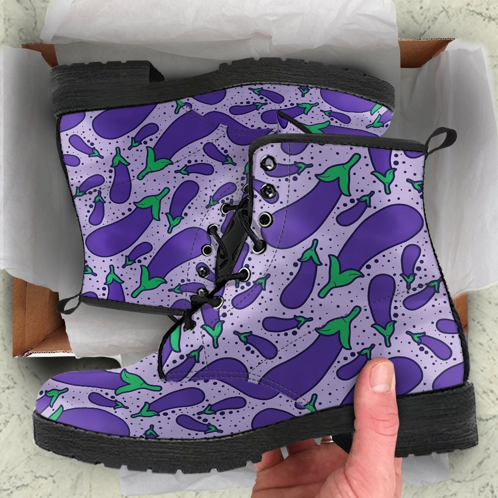 Eggplant Cute Print Pattern Men Women Leather Boots-grizzshop