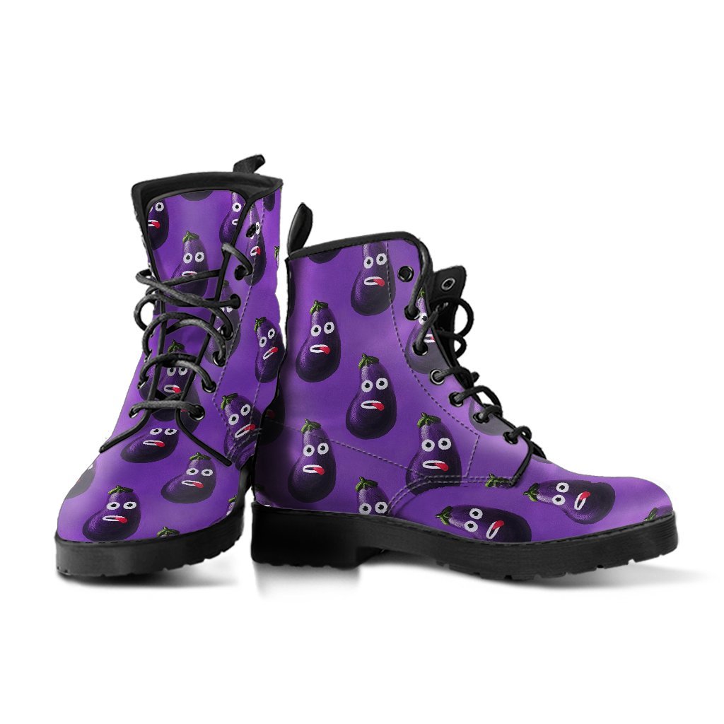 Eggplant Funny Pattern Print Men Women Leather Boots-grizzshop
