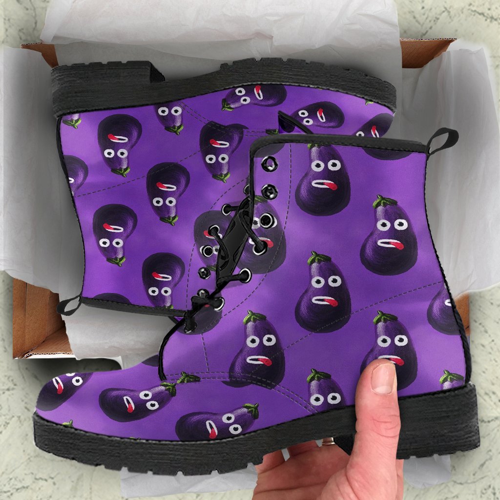 Eggplant Funny Pattern Print Men Women Leather Boots-grizzshop