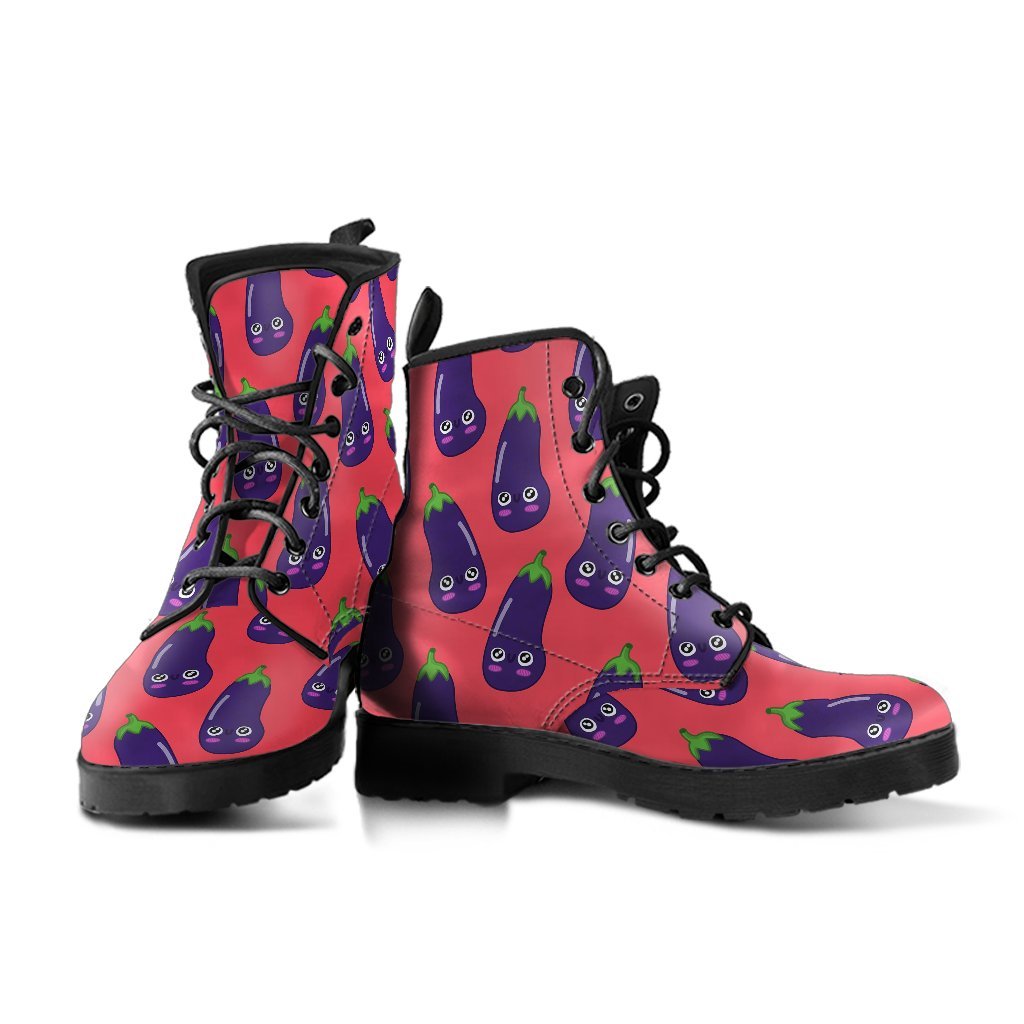 Eggplant Funny Print Pattern Men Women Leather Boots-grizzshop