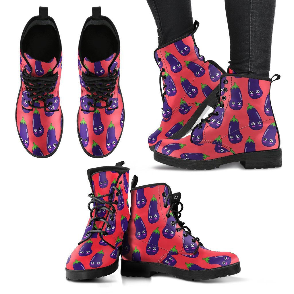 Eggplant Funny Print Pattern Men Women Leather Boots-grizzshop