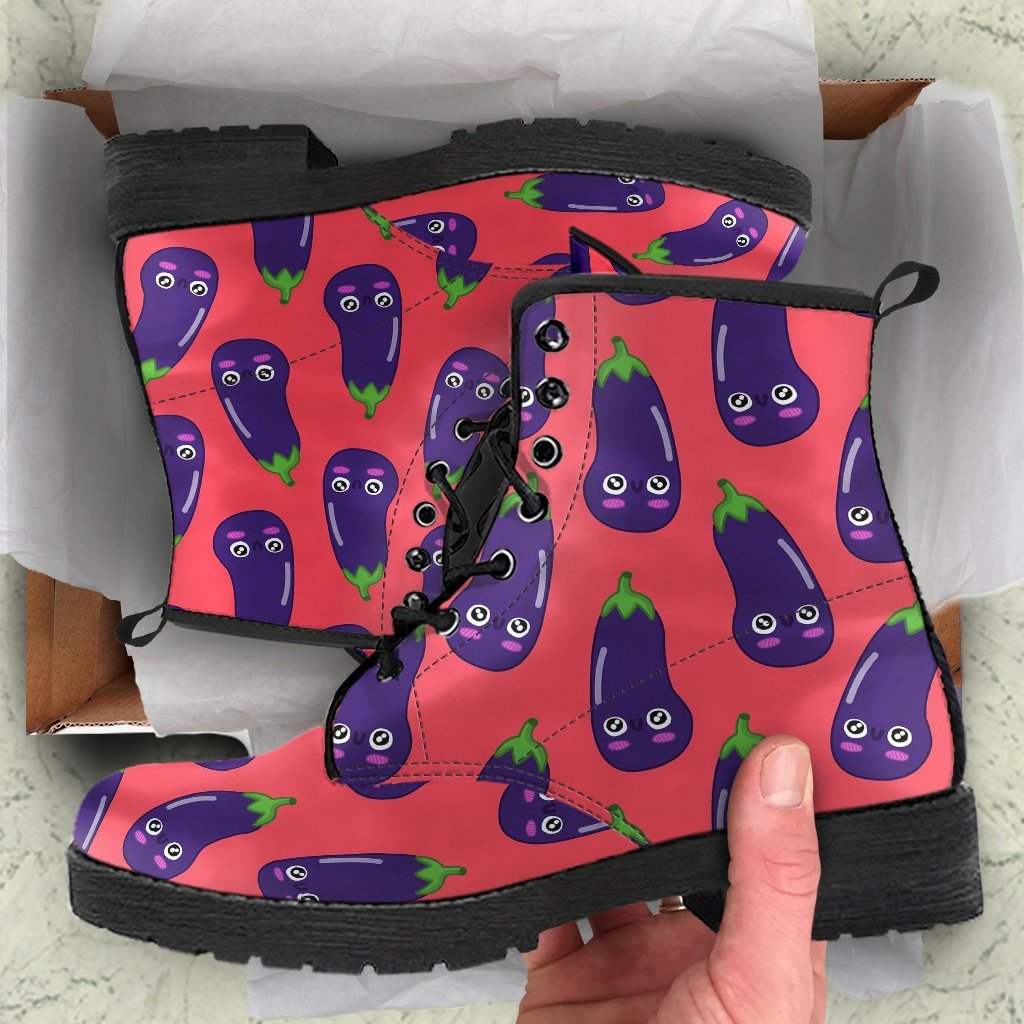 Eggplant Funny Print Pattern Men Women Leather Boots-grizzshop