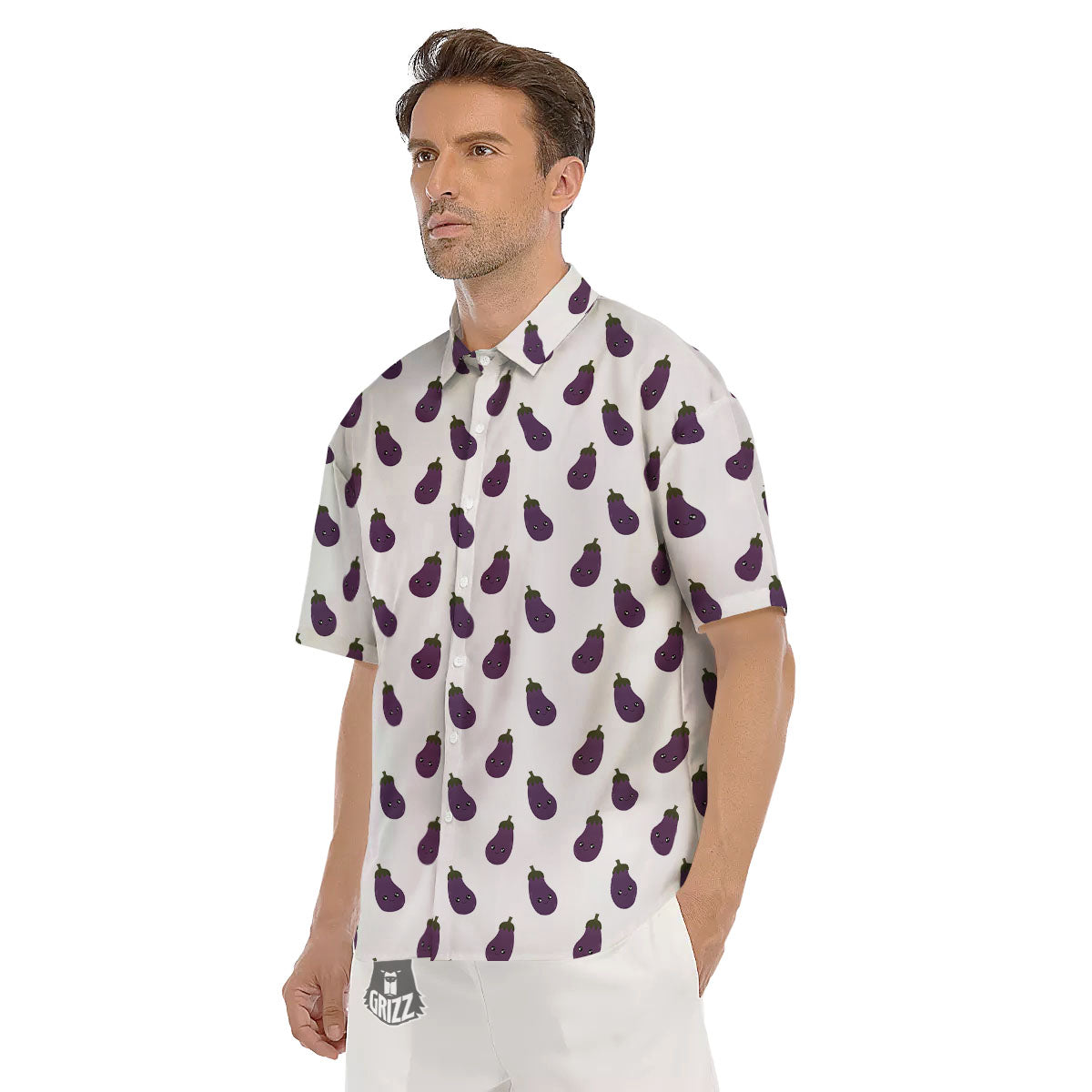 Eggplant Funny Print Pattern Men's Short Sleeve Shirts-grizzshop