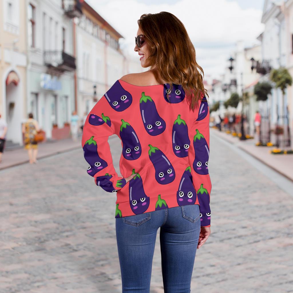Eggplant Funny Print Pattern Women Off Shoulder Sweatshirt-grizzshop