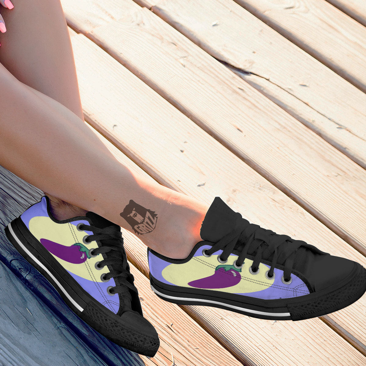 Eggplant Print Black Low Top Shoes-grizzshop