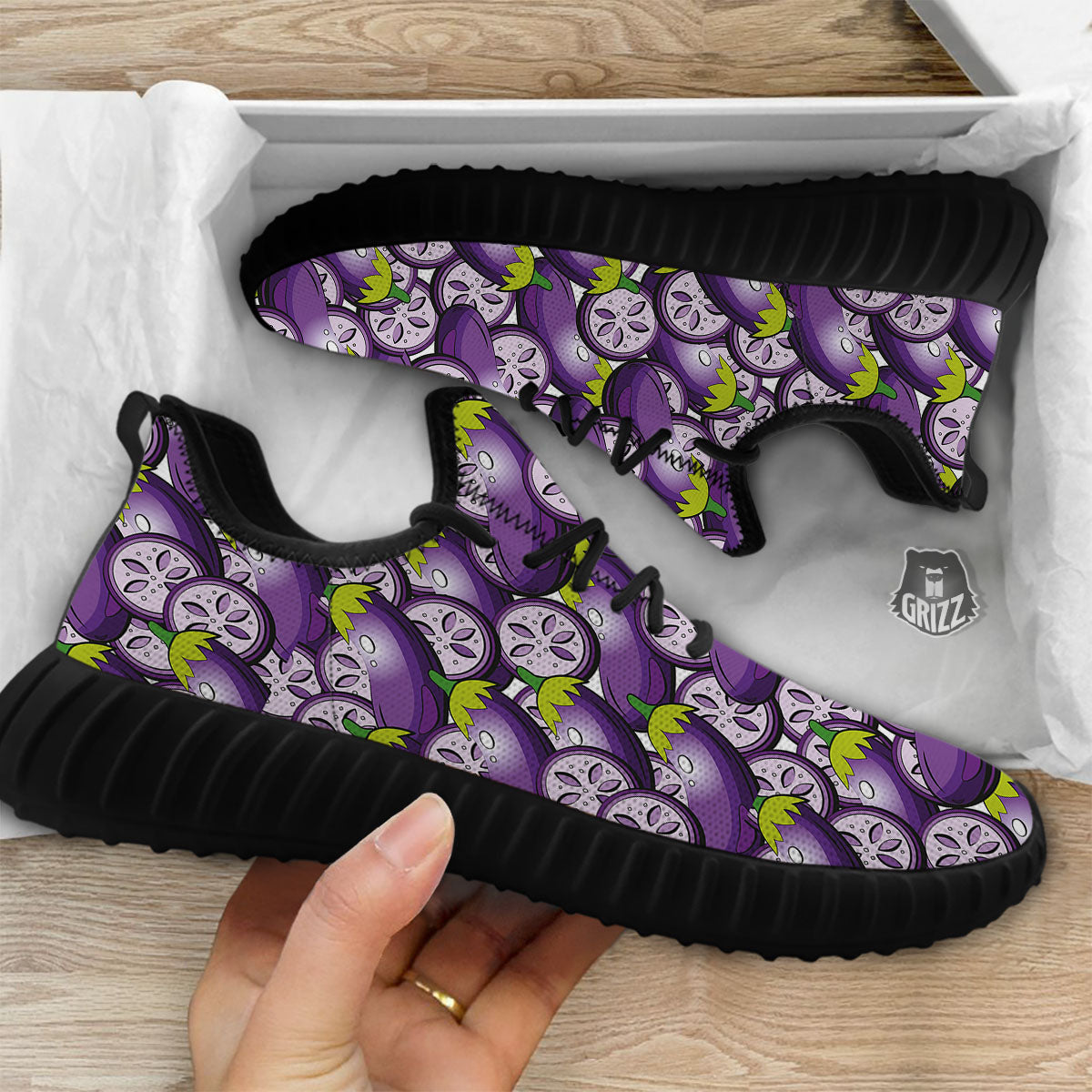 Eggplant Purple Print Pattern Black Walking Shoes-grizzshop