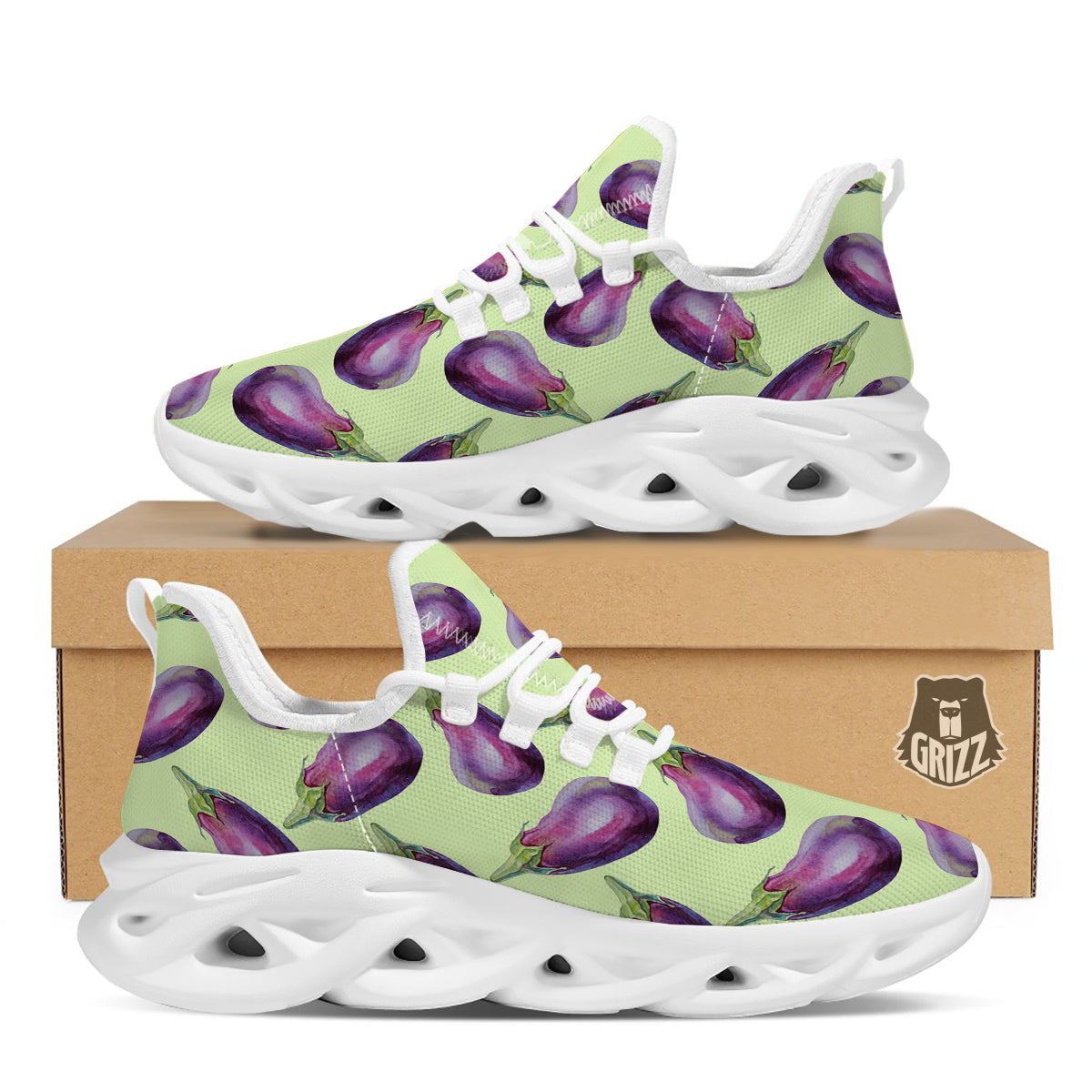 Eggplant Watercolor Pattern White Running Shoes-grizzshop