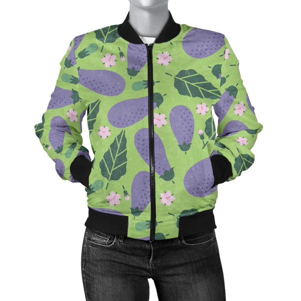 Eggplant Cute Pattern Print Women Casual Bomber Jacket-grizzshop