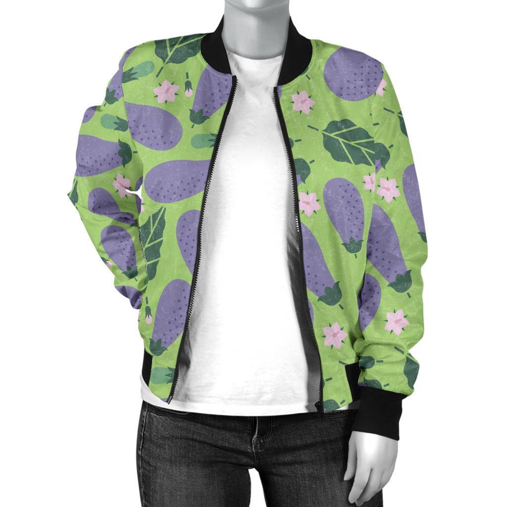 Eggplant Cute Pattern Print Women Casual Bomber Jacket-grizzshop