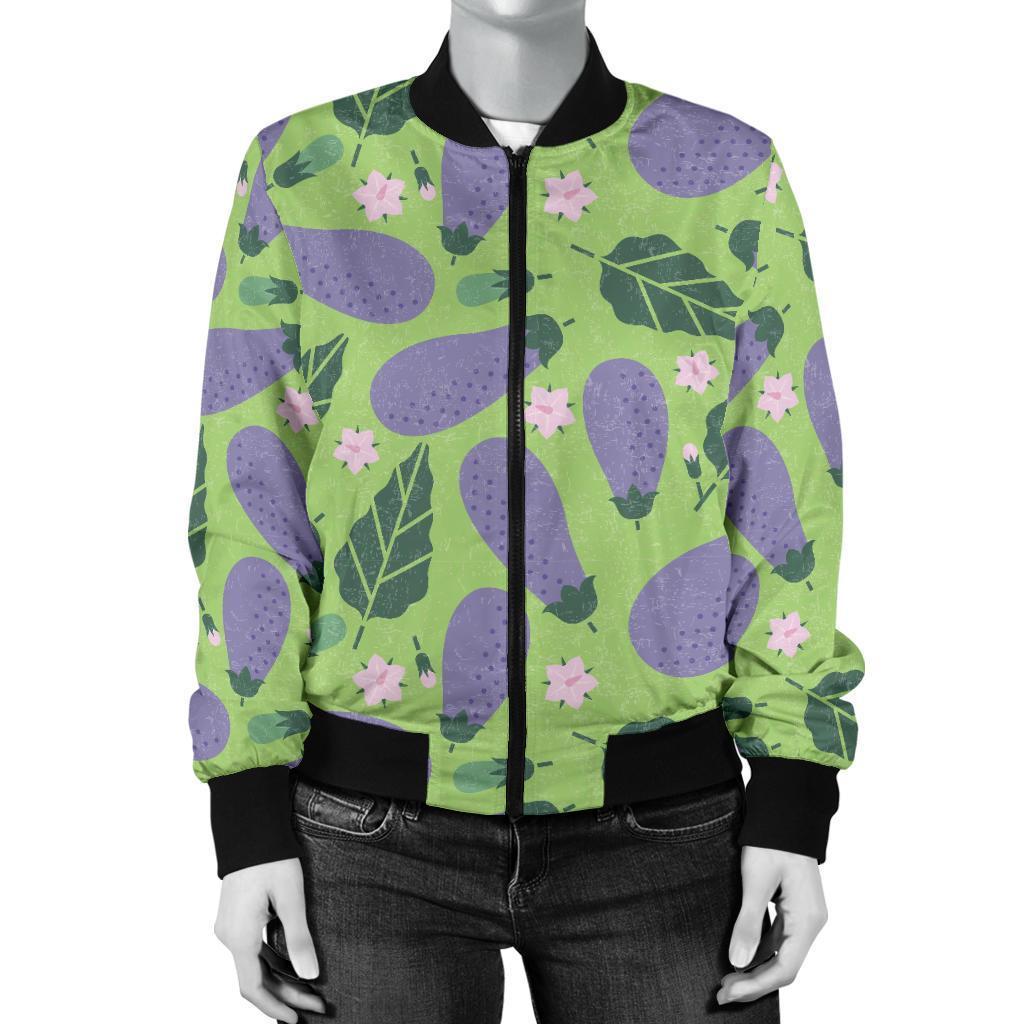 Eggplant Cute Pattern Print Women Casual Bomber Jacket-grizzshop