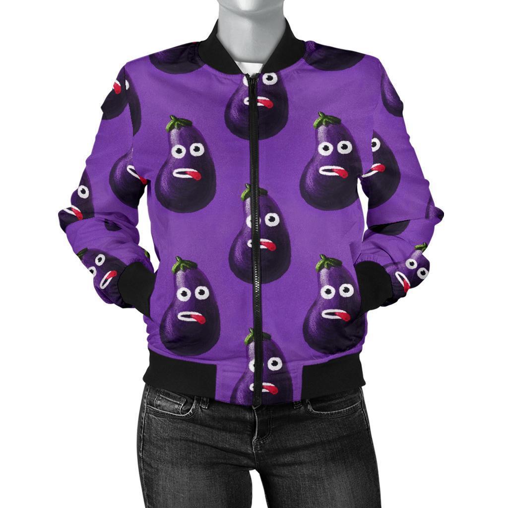 Eggplant Funny Pattern Print Women Casual Bomber Jacket-grizzshop