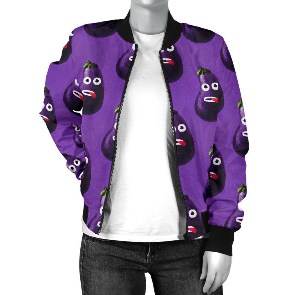 Eggplant Funny Pattern Print Women Casual Bomber Jacket-grizzshop