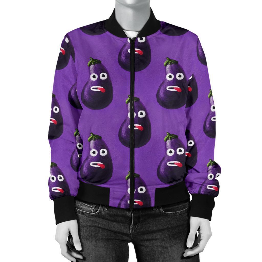Eggplant Funny Pattern Print Women Casual Bomber Jacket-grizzshop