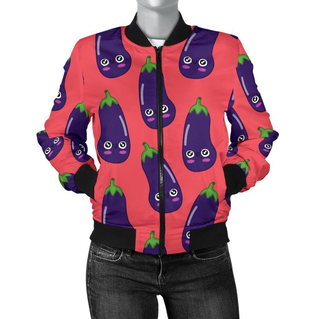 Eggplant Funny Print Pattern Women Casual Bomber Jacket-grizzshop
