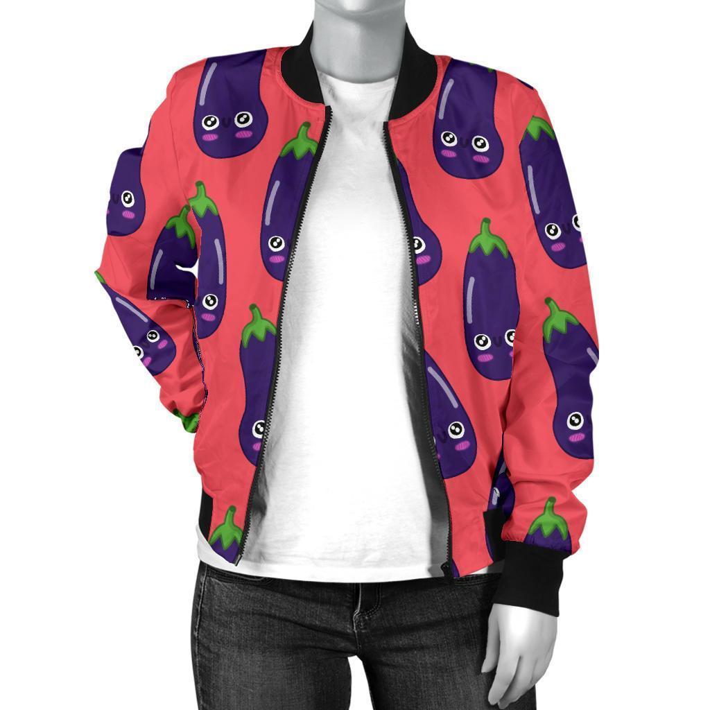 Eggplant Funny Print Pattern Women Casual Bomber Jacket-grizzshop