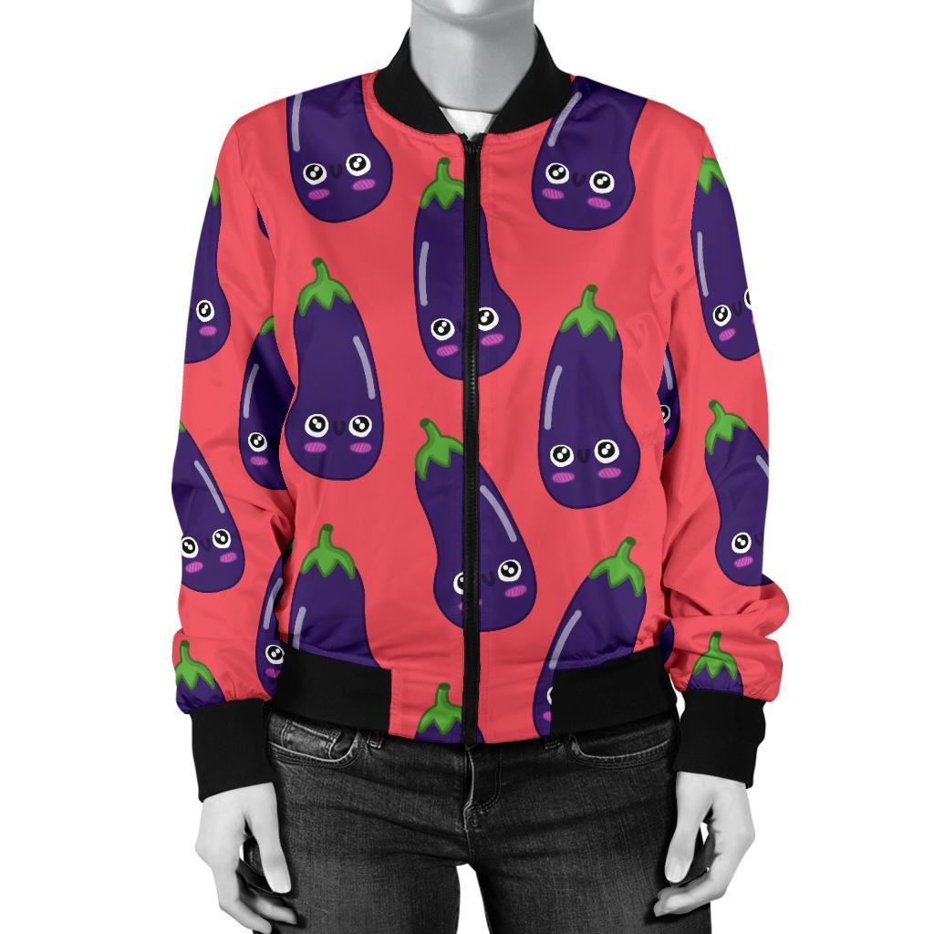 Eggplant Funny Print Pattern Women Casual Bomber Jacket-grizzshop