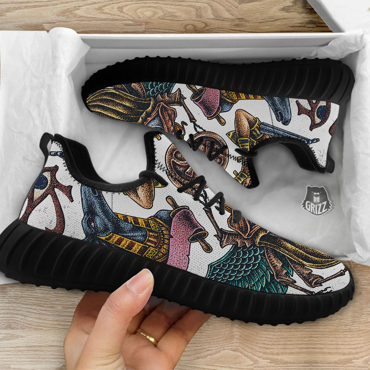 Egypt Hand Drawn Print Black Walking Shoes-grizzshop
