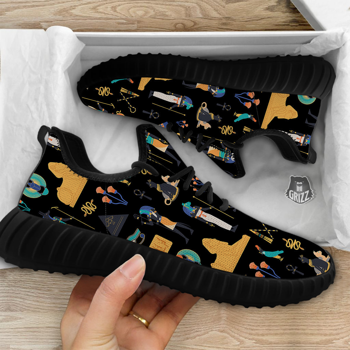 Egyptian Ancient Print Pattern Black Walking Shoes-grizzshop