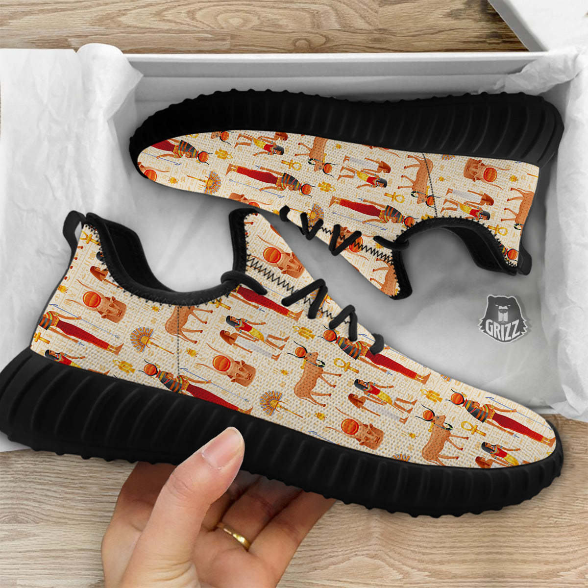 Egyptian Cow Hathor Goddess Print Pattern Black Walking Shoes-grizzshop
