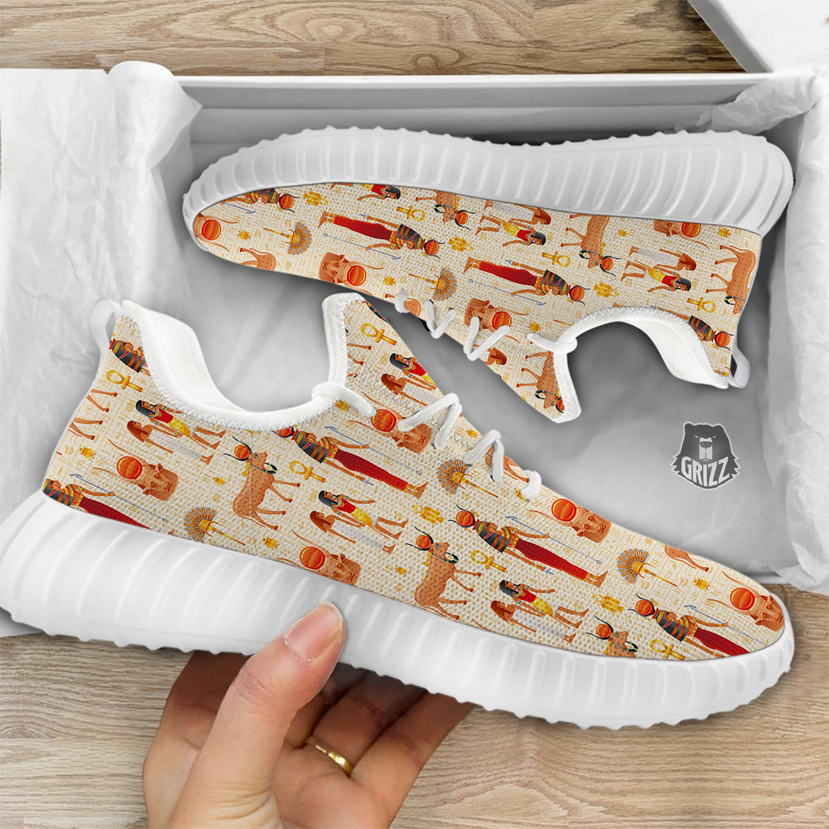 Egyptian Cow Hathor Goddess Print Pattern White Walking Shoes-grizzshop