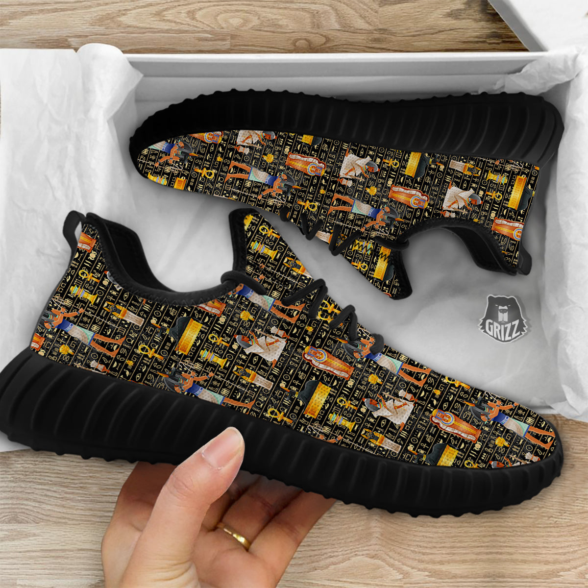 Egyptian Jackal Anubis God Print Pattern Black Walking Shoes-grizzshop