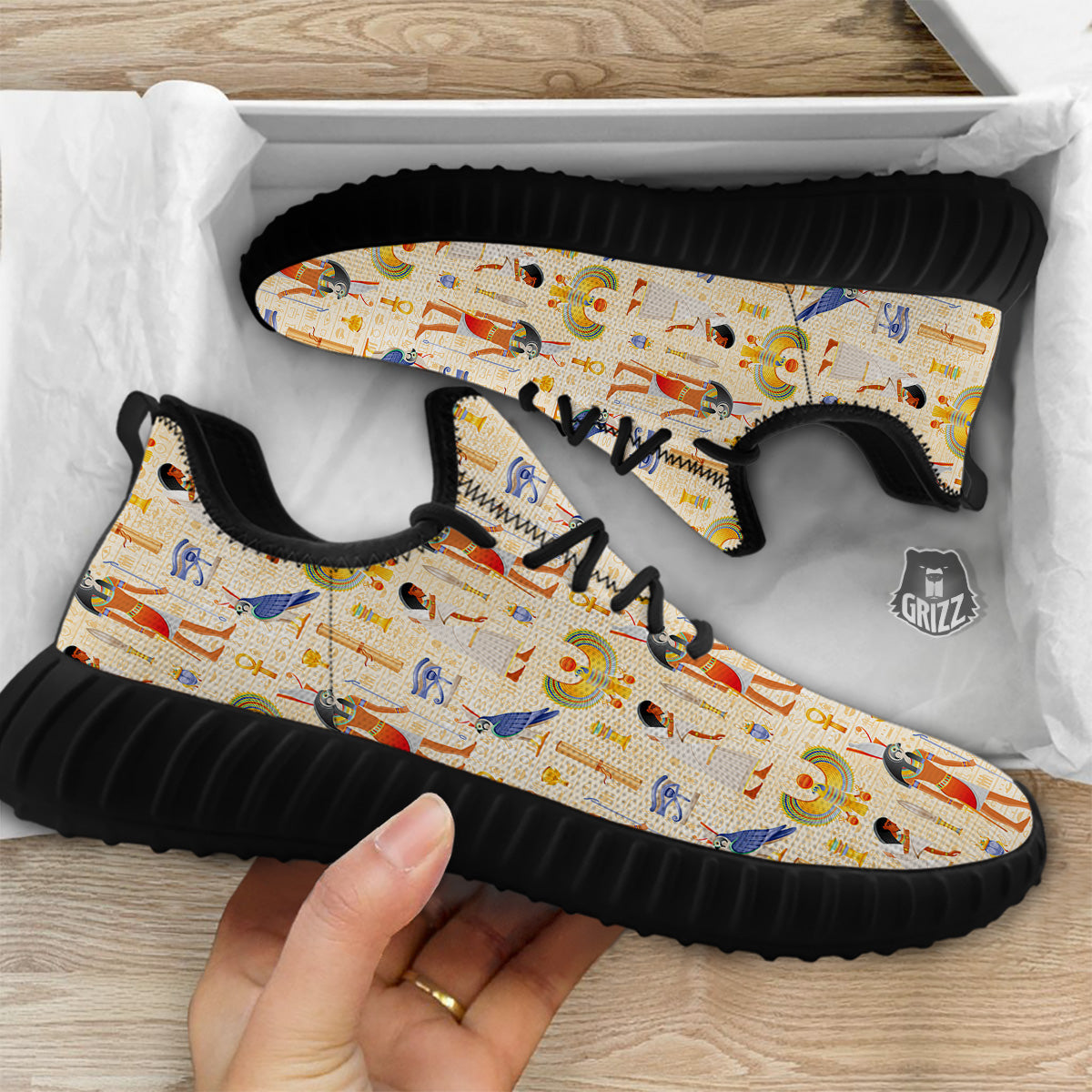 Egyptian Print Pattern Black Walking Shoes-grizzshop
